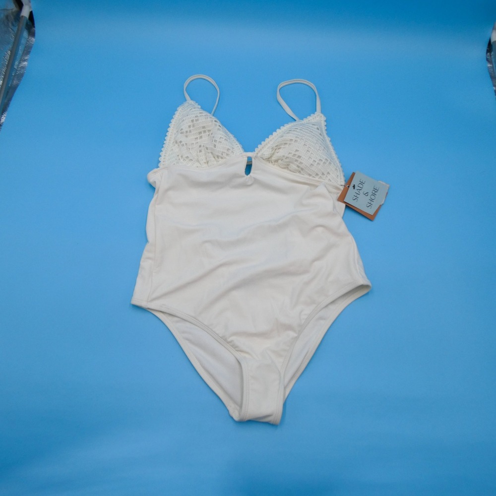 Shade & Shore One Piece Swimsuit Womens Small Crochet Ivory High Leg Nylon Blend